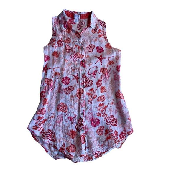Sigrid Olsen 100% Linen Shirt Dress Size Small Red White Shell Ocean Print - Picture 2 of 7